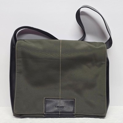DKNY | Y2K 2000s Genuine Leather & Nylon Olive Green Shoulder Bag