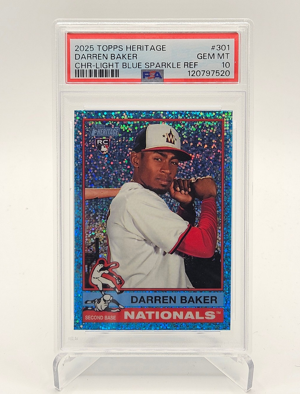 2025 Topps Heritage Darren Baker #301 Chrome Light Blue Sparkle (RC) PSA 10