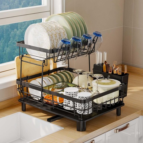 2 Tier Dish Drainer Rack for Kitchen with Drip Tray, Sink Drainer with 360° 