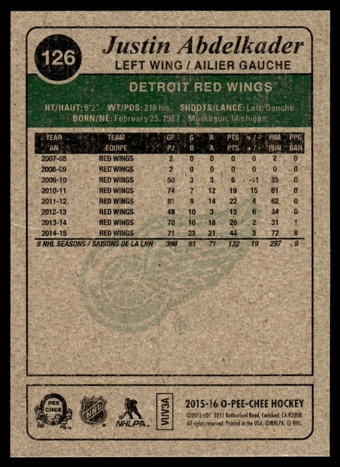 2015-16 O-Pee-Chee Retro Justin Abdelkader Detroit Red Wings #126 - Image 2 of 2