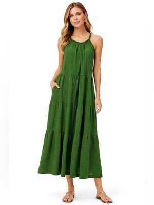 Max Studio London Green Tiered Maxi Dress  Sleeveless Halter Neck Flowy  Boho | eBay