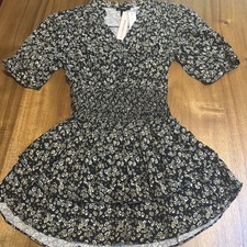 Aqua Mini Dress Women Black White Yellow Allover Daisy Print Smocked Sz M NWT