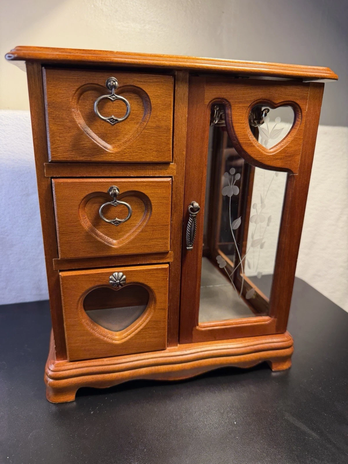 Mid Century Wooden Jewelry Box Armoire Heart Drawers Carousel Mirror Cabinet