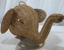 Vintage MCM Wicker Rattan Elephant Head Towel Holder w/ Green Marble Eyes