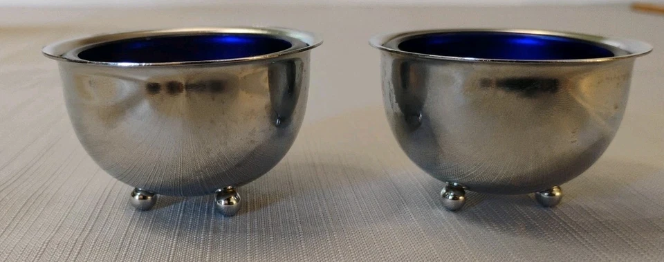 Cucharas forradoras de vidrio azul cobalto bodegas maestras plateadas inglesas de colección Foto 3 de 4