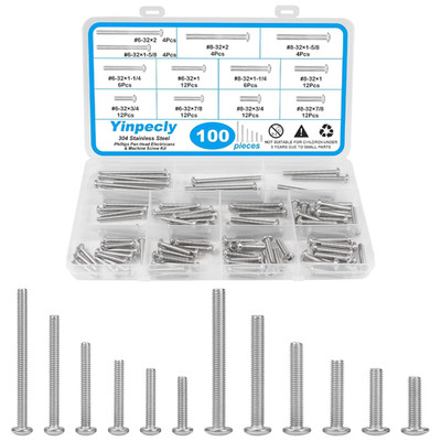 100 PCS Machine Screws Assortment Kit, Phillips Pan Head Electricians Screw #6-3