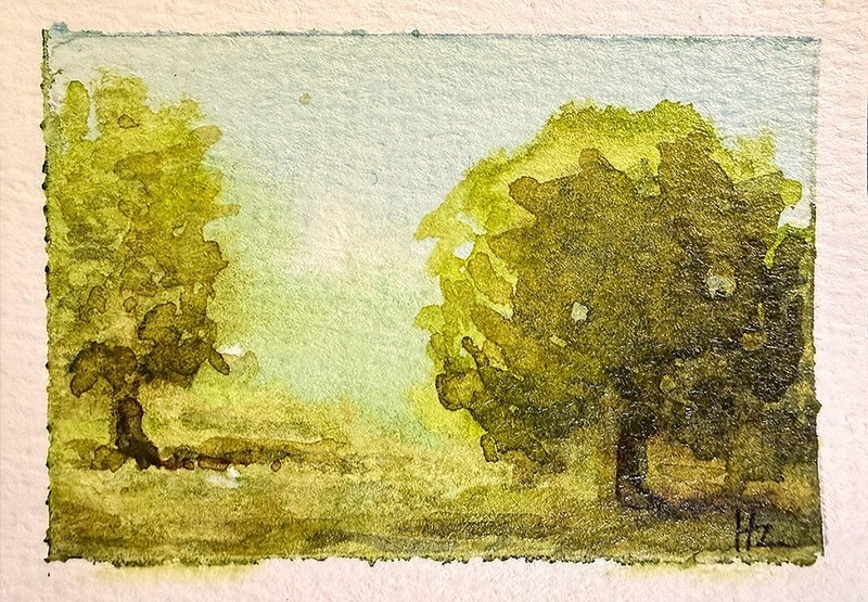 Original ACEO Watercolor - Among the Trees landscape painting 2.5" x 3.5" OOAK