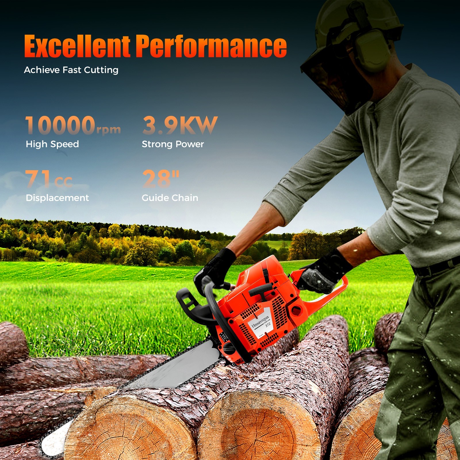 71CC 28" Gasoline Chainsaw Cordless Power Chain Saw Wood Cutting 2-Stroke Engine