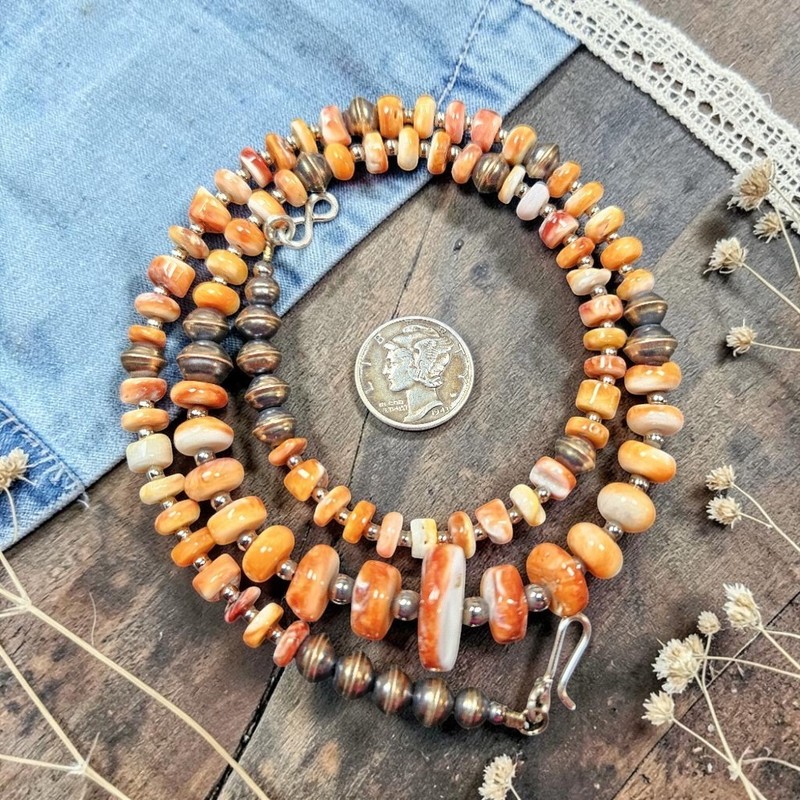20" NAVAJO Pearl Spiny Oyster Southwest Bench Beads Silver Western Boho Necklace