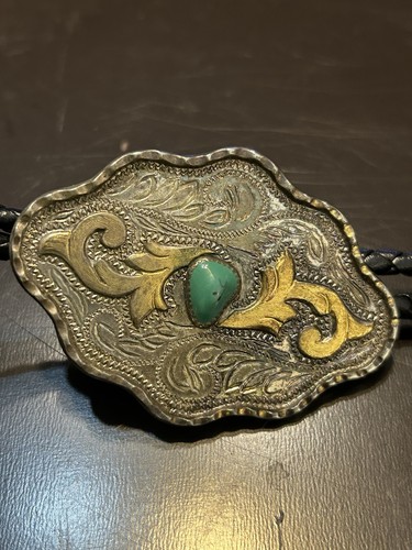 Vintage Buffalo Horse Silver Bolo Tie Etched Braided Signed Sterling Plate - Picture 3 of 5