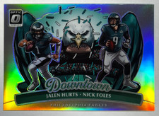 Jalen Hurts and Nick Foles Dual Downtown 2025 Donruss Optic #12 Eagles