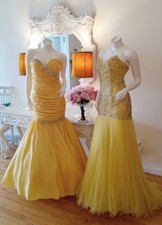 Mac Duggal Yellow Pleated Prom Dress with Rhinestones
