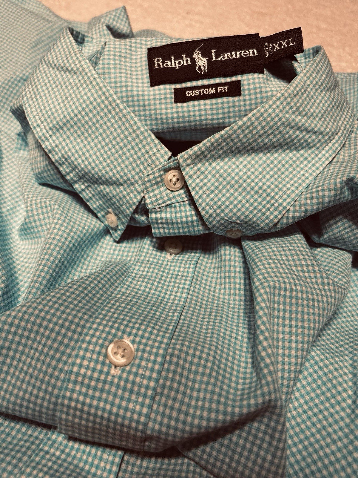 Ralph Lauren Men's XXL Custom Fit Teal Gingham Long-Sleeve Button Down Shirt image 4