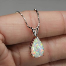 White Opal Stone Pendant Minimalist Droplet Fire Opal Necklace Sterling Silver
