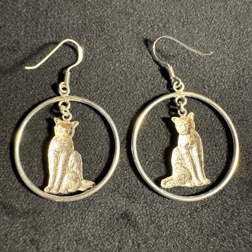 Ancienne boucle d'oreille en argent sterling 925 pendentif cerceau chats assis fil français - Photo 6/9