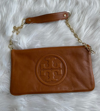 Tory Burch Brown Shoulder Bag with Logo, Gold Hardware, Zip Chain Strap