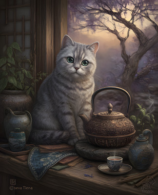 8x10 Cat On Table With Pot & Tea Pot Art Print Wall Decor - 377770339