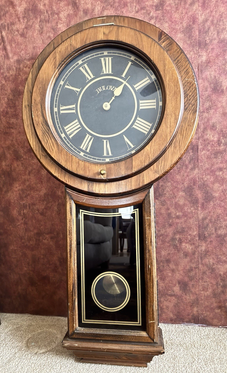 Bulova Vintage Wall Clock 3827-165 Wooden Case Pendulum Roman Numerals For Repai