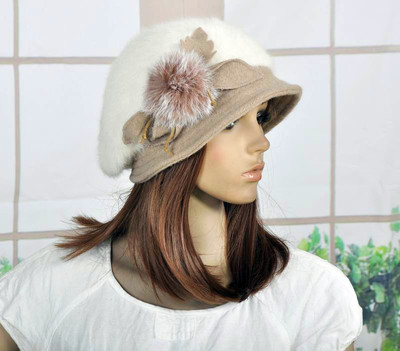 帽子 Rubbit Fur Long Brim Hat M98 Cute Rabbit Fur Wool Brim Hat Women's Winter Beanie Newsboy