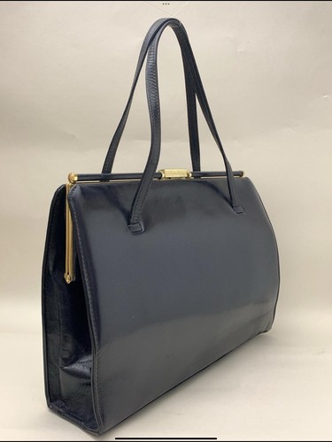 Ackery Large Vintage 1950s Blue Leather Handbag Buff Suede Lining & Elbief Frame - Picture 7 of 24