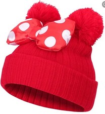 Winter Girls Toddler Beanie Bow Red Knited Hat Double Pom Pom Polka Dot Minnie