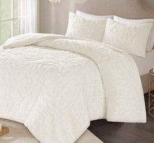 IVORY CHENILLE VINTAGE PLUSH COTTON 3pc COMFORTER SET: Queen, King or Cal King