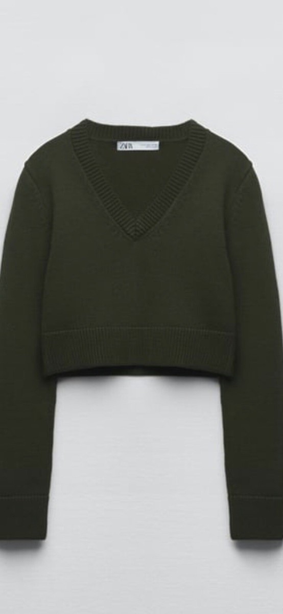 Zara Pullover M Grün Crop Khaki Neu Strick