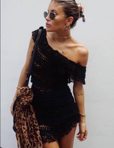 Rat & Boa Dress Women’s Size S Black Crochet Mini Short Off The Shoulder Ruffle - Picture 2 of 15