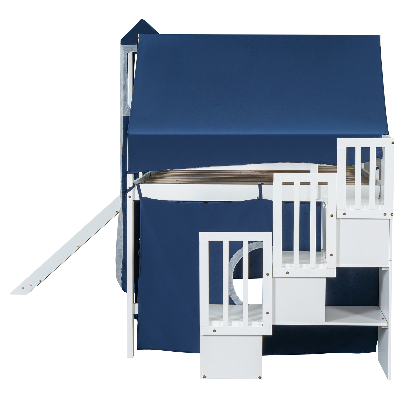 Full Size Loft Bed Frame with Tent Slide and Staircase For Kids Boys Blue