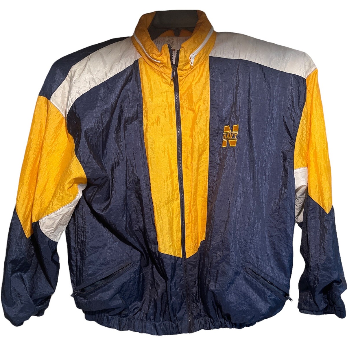 Vintage Navy Embroidered Nylon Hooded Jacket Windbreaker Mens