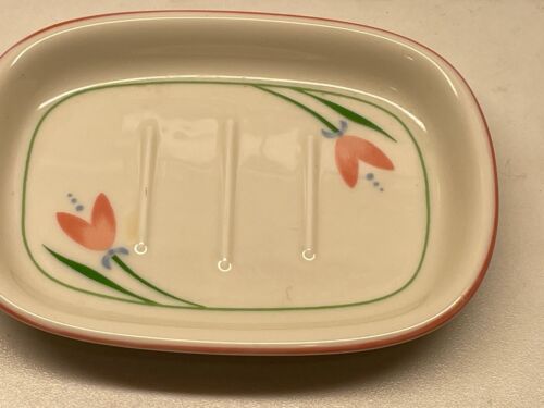 Plato de jabón rosa vintage Andre Richard porcelana rosa flor tulipanes Japón - Imagen 2 de 8