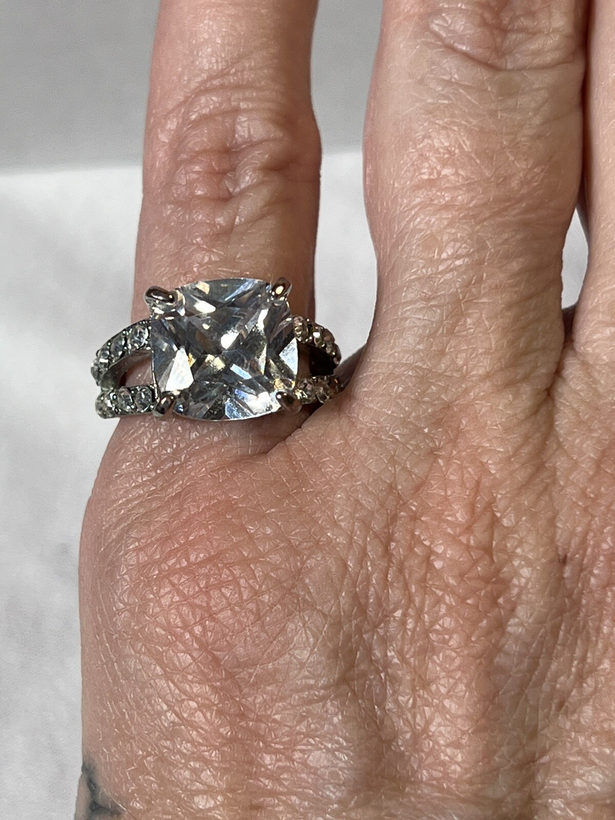 Silver Plated CZ Solitaire Ring, 2 Thin Bands W/c… - image 9