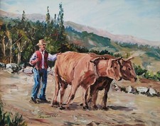 R. Pasquarelli-Paesaggio di Campagna-Buoi al Pascolo-Contadino-Dipinto ad Olio 