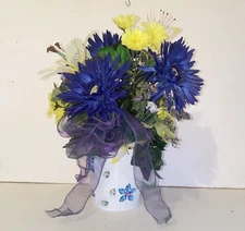 Blue Yellow & Purple Flower Arrangement in Rhinestone Jeweled Tin Planter