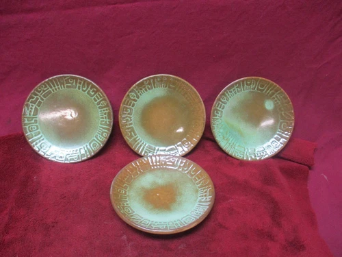 4 Vintage Frankoma  Pottery, #7e Myan-Aztec 5" Saucers, Prairie Green Glaze
