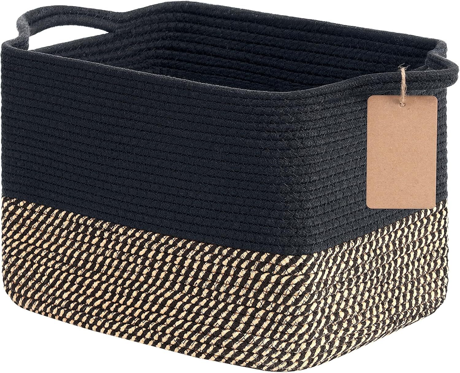Goodpick Woven Storage Basket for Shelves, Baskets Black Jute