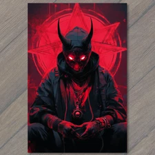 POSTCARD Glowing Red Devil Face Mask Horns Hood Chains Warrior Shadow