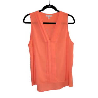 Sophia Zeke Bright Coral V-Neck Pleated Lightweight Pullover