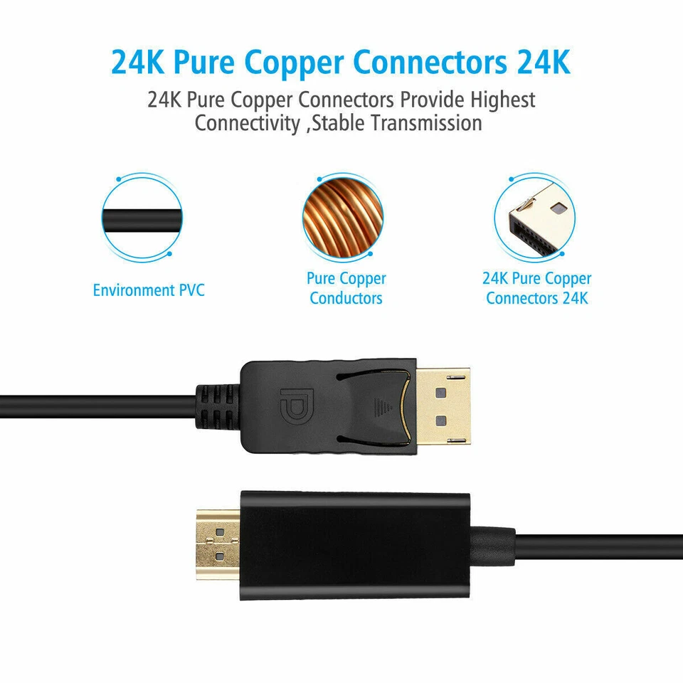 6FT Display Port DP to HDMI Cable Adapter Converter Audio Video PC HDTV 1080P US - Image 3 of 4