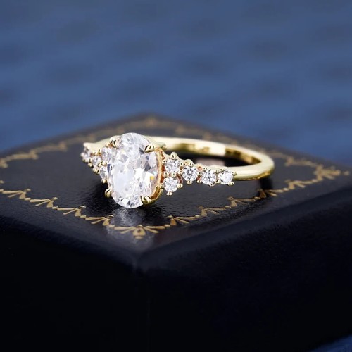 D/VVS1 Oval Cut Moissanite Ring For Women Cluster Engagement Ring Rose Gold Over - Picture 7 of 7