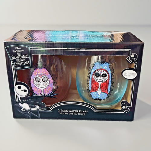 NIGHTMARE BEFORE CHRISTMAS GLASS SET JACK & SALLY 20 oz. Water Day Of The Dead