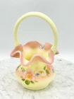 Fenton Hand-Painted Burmese Uranium Glass Basket Ruffled Edge Signed Glows