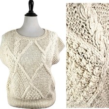 COUNTERPARTS Hand Knit SWEATER VEST M Ivory Chunky Cable Fisherman Neutral Artsy
