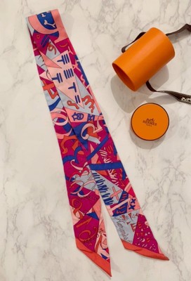 HERMES Scarf Silk Pink Red Blue