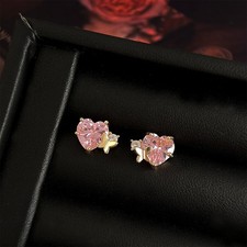 Gold Tone Pink Heart CZ Butterfly Stud Earrings Romantic Sparkly Jewelry Gift