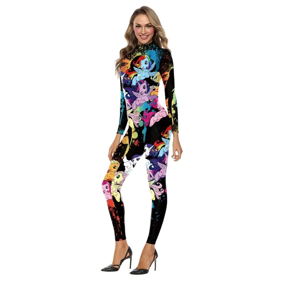 Female Rainbow Unicorn Print Bodysuits Women Back Zipper Party Slim Jumpsuits - Image 3 of 4