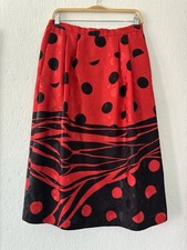 Vintage Red Black Polka Dot Midi Skirt Size 8 Satin Look BlkGraphic Print A-Line