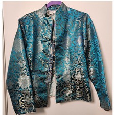 Ziongyu Asian 100 Silk Jacket US Med Green Gold Full Button Traditional Satin