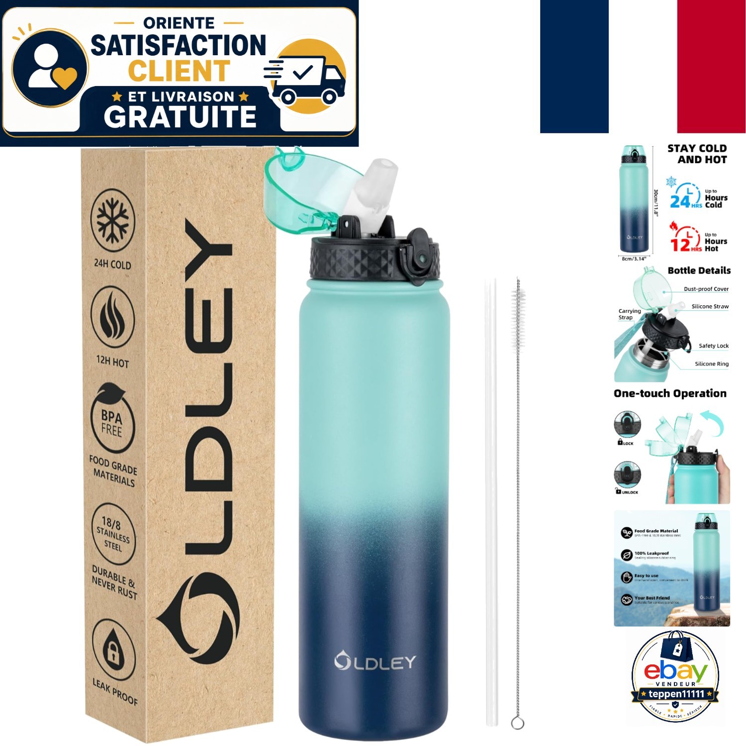 Bouteille d'eau isotherme chic gourde acier inoxydable durable OLDLEY 1L