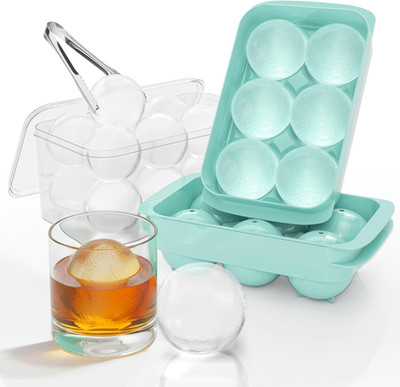 2 Pack Large Round Ice Cube Tray with Bin & Tongs Stackable Mold Set